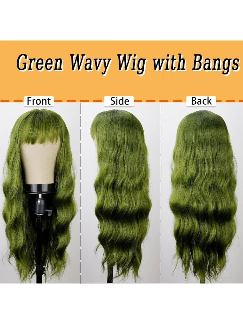Women's Green 26 Inch Natural Looking Synthetic Fiber Long Wavy Wigs Bangs
